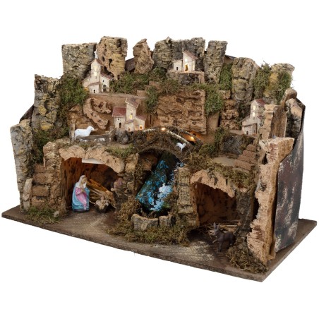 Pesebre completo de estatuas con cascada y luces cm