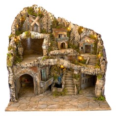 Presepe illuminato con ruscello, forno e mulino a vento cm 70x50x72 h