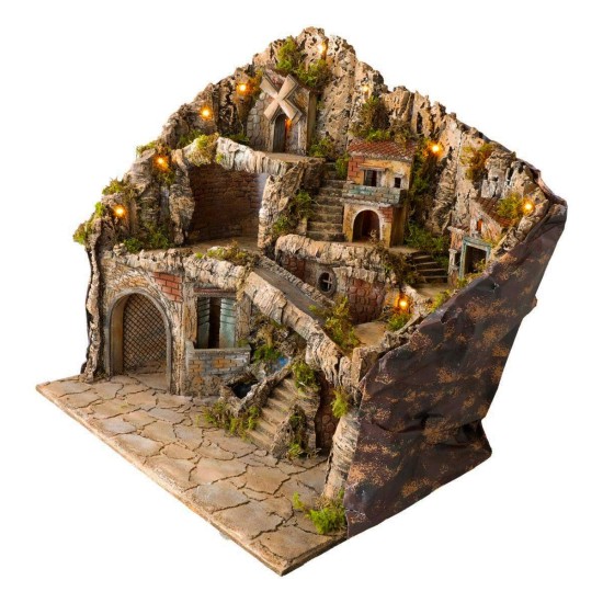 Presepe illuminato con ruscello, forno e mulino a vento cm 70x50x72 h