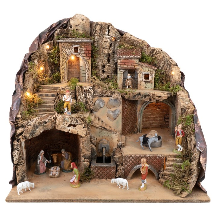 Presepe illuminato completo di statue Landi con fontana e macina in movimento funzionante cm 51,5x37,5x50 h