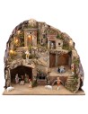 Illuminated nativity scene complete with Landi statues with a functioning fountain and moving mill, size 51.5x37.5x50 cm h