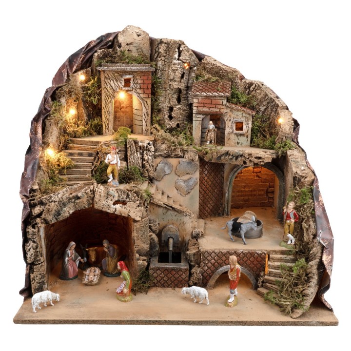 Presepe illuminato completo di statue Landi con fontana e macina in movimento funzionante cm 51,5x37,5x50 h