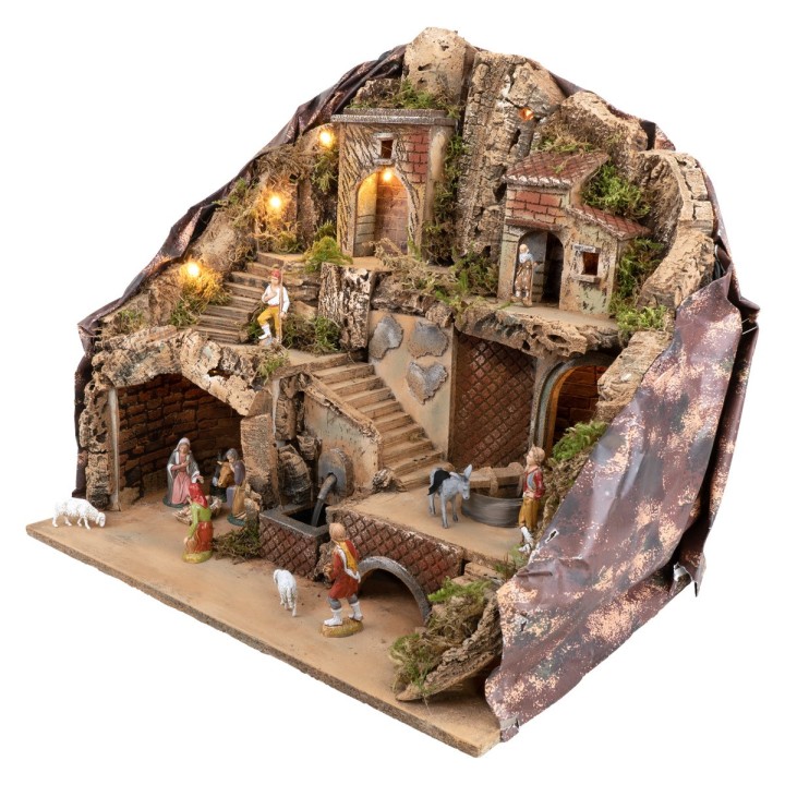 Presepe illuminato completo di statue Landi con fontana e macina in movimento funzionante cm 51,5x37,5x50 h