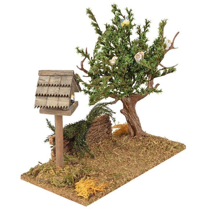 Ambientazione con albero e casetta per uccelli cm 17x9x16 h