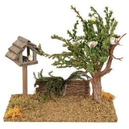 Pradera con casita y árbol con pájaros