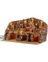 Illuminated nativity scene with caves, stream, oven, and electrically powered windmill 78.5x50x48h