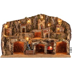 Presepe illuminato con grotte, ruscello, forno e mulino a vento funzionante 78,5x50x48h 2