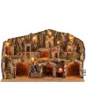 Illuminated nativity scene with caves, stream, oven, and electrically powered windmill 78.5x50x48h