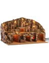 Illuminated nativity scene with caves, stream, oven, and electrically powered windmill 78.5x50x48h