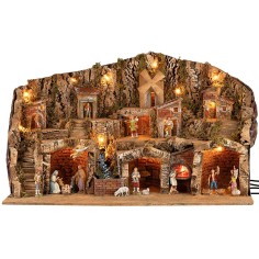 Presepe illuminato con ruscello, forno e mulino completo di statue Landi 78,5x50x48h