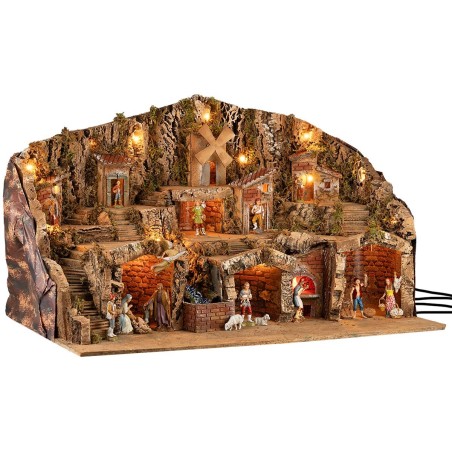 Presepe illuminato con ruscello, forno e mulino completo di statue Landi 78,5x50x48h