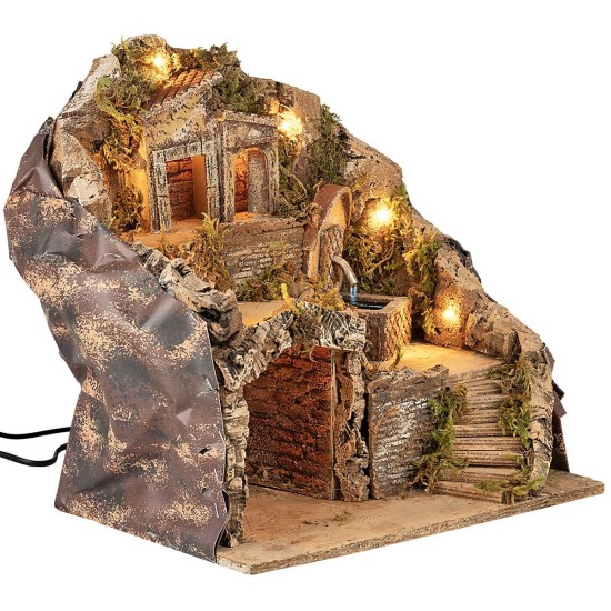 Presepe illuminato con fontana funzionante cm 35,5x27x37 h
