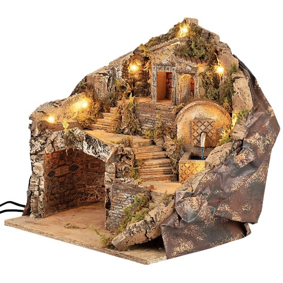 Presepe illuminato con fontana funzionante cm 35,5x27x37 h