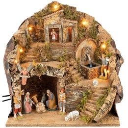 Presepe illuminato con fontana funzionante completo di statue Landi cm 35,5x27x37 h