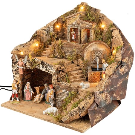 Presepe illuminato con fontana funzionante completo di statue Landi cm 35,5x27x37 h