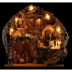 Presepe illuminato con fontana funzionante completo di statue Landi cm 35,5x27x37 h 2