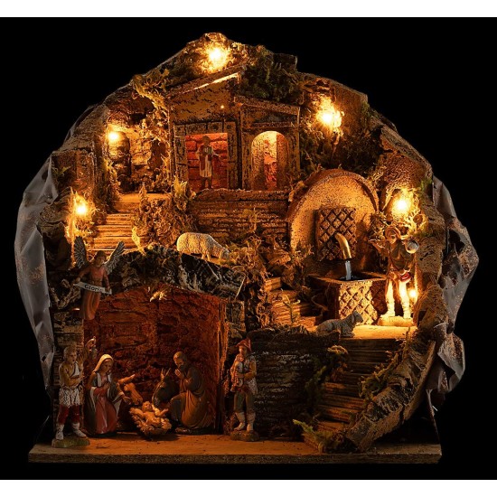 Presepe illuminato con fontana funzionante completo di statue Landi cm 35,5x27x37 h