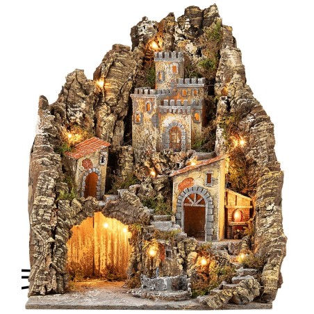 Illuminated nativity scene on multiple levels 31x30x33h