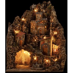 Presepe illuminato con castello di Re Erode, fontana e forno funzionanti cm 44,5x40x56 h 2