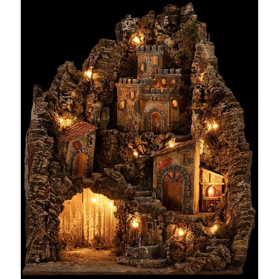 Illuminated nativity scene on multiple levels 31x30x33h