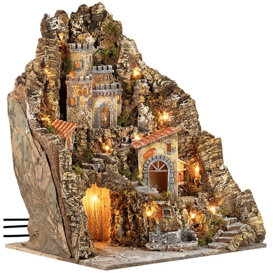 Illuminated nativity scene on multiple levels 31x30x33h