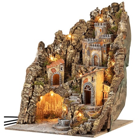 Illuminated nativity scene on multiple levels 31x30x33h