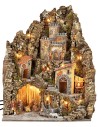 Belén iluminado con castillo, fuente y horno en funcionamiento, completo de estatuas Landi cm 44,5x40x56 h