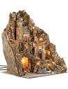 Illuminated nativity scene with castle, fountain, and working oven, complete with Landi statues cm 44.5x40x56 h