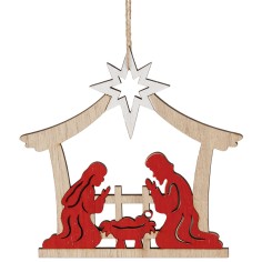 Capanna con Natività rossa e legno naturale da appendere cm 18x17,5 h