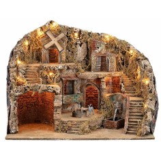Presepe Illuminato con Fontana, Mulino e Macina in Movimento Funzionante cm 61x41x47,5 h