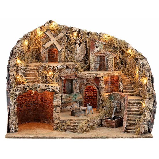 Presepe Illuminato con Fontana, Mulino e Macina in Movimento Funzionante cm 61x41x47,5 h