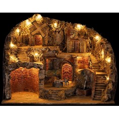 Presepe Illuminato con Fontana, Mulino e Macina in Movimento Funzionante cm 61x41x47,5 h 2