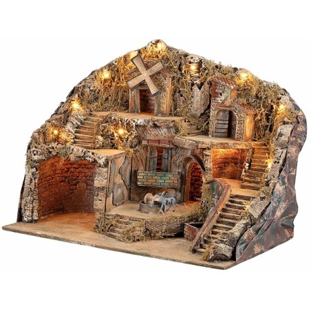 Presepe Illuminato con Fontana, Mulino e Macina in Movimento Funzionante cm 61x41x47,5 h