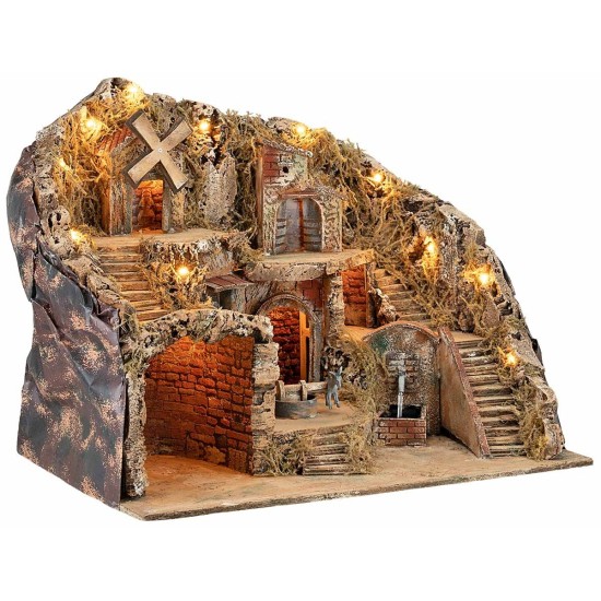 Presepe Illuminato con Fontana, Mulino e Macina in Movimento Funzionante cm 61x41x47,5 h