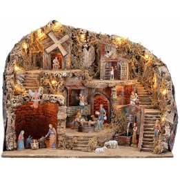 Presepe con Luci Fontana, Mulino e Macina Funzionanti con Statue Landi, 61x41x47,5 cm