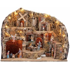 Presepe con Luci Fontana, Mulino e Macina Funzionanti con Statue Landi, 61x41x47,5 cm