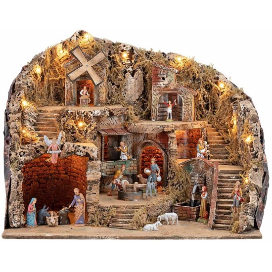 Presepe con Luci Fontana, Mulino e Macina Funzionanti con Statue Landi, 61x41x47,5 cm