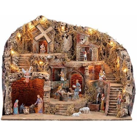 Presepe con Luci Fontana, Mulino e Macina Funzionanti con Statue Landi, 61x41x47,5 cm