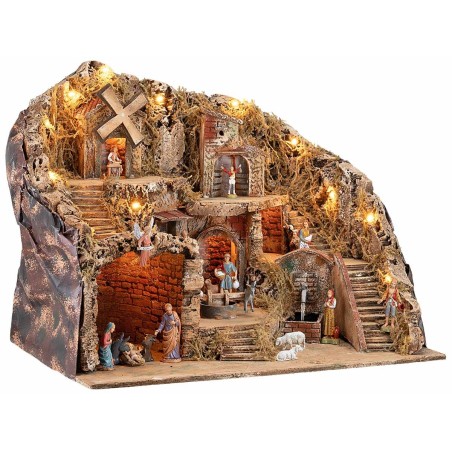 Presepe con Luci Fontana, Mulino e Macina Funzionanti con Statue Landi, 61x41x47,5 cm