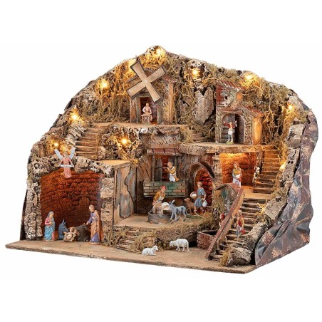 Presepe con Luci Fontana, Mulino e Macina Funzionanti con Statue Landi, 61x41x47,5 cm