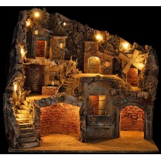 Presepe Illuminato con Fontana e Mulino Funzionanti cm 55x40x52 h 2