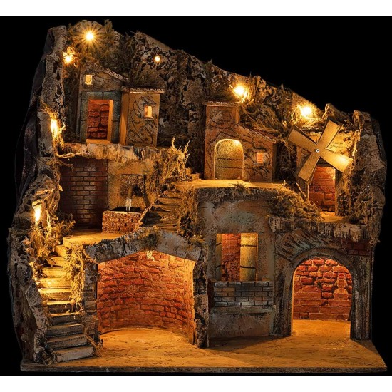 Presepe Illuminato con Fontana e Mulino Funzionanti cm 55x40x52 h