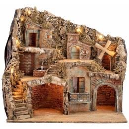 Presepe Illuminato con Fontana e Mulino Funzionanti cm 55x40x52 h