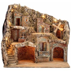 Presepe Illuminato con Fontana e Mulino Funzionanti cm 55x40x52 h