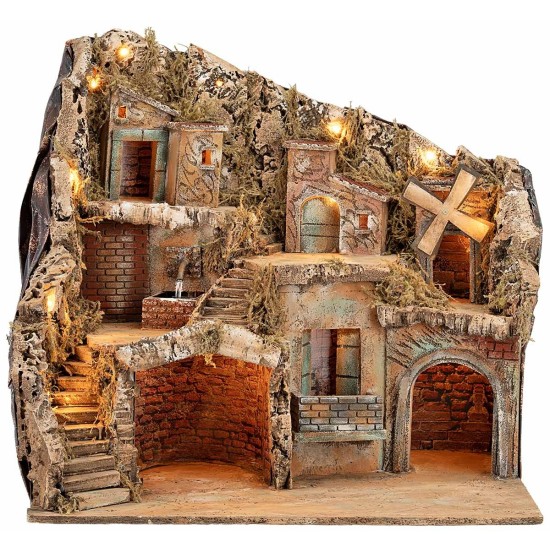Presepe Illuminato con Fontana e Mulino Funzionanti cm 55x40x52 h