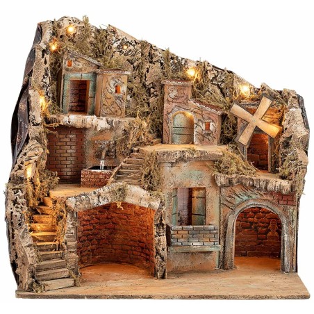 Presepe Illuminato con Fontana e Mulino Funzionanti cm 55x40x52 h
