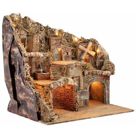 Presepe Illuminato con Fontana e Mulino Funzionanti cm 55x40x52 h
