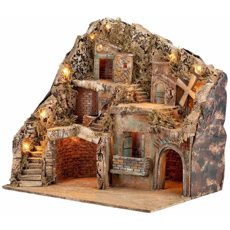 Presepe Illuminato con Fontana e Mulino Funzionanti cm 55x40x52 h