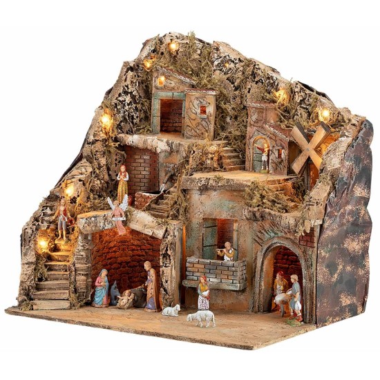 Presepe Illuminato Fontana e Mulino Funzionante con Statue Landi cm 55x40x52 h