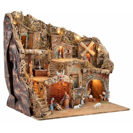 Presepe Illuminato Fontana e Mulino Funzionante con Statue Landi cm 55x40x52 h